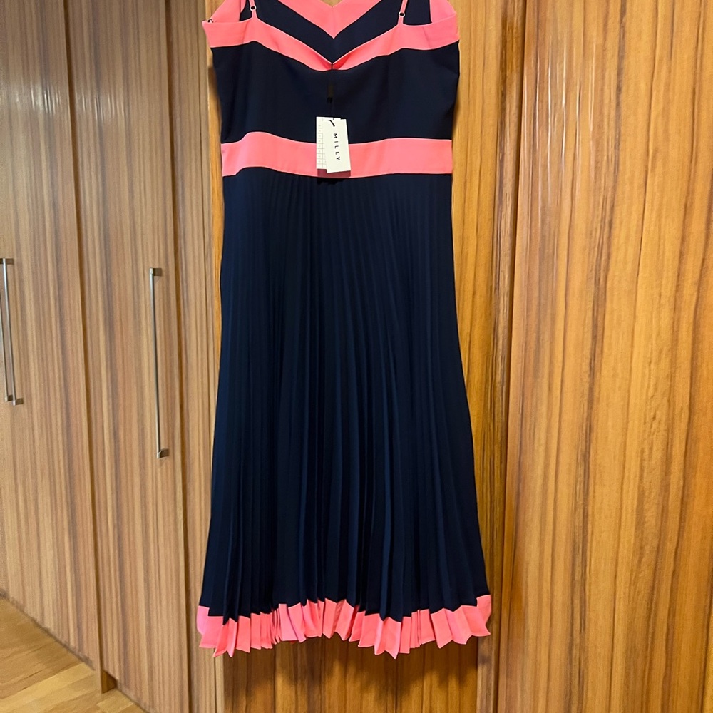 Milly Navy and Pink Pleated Midi Dress